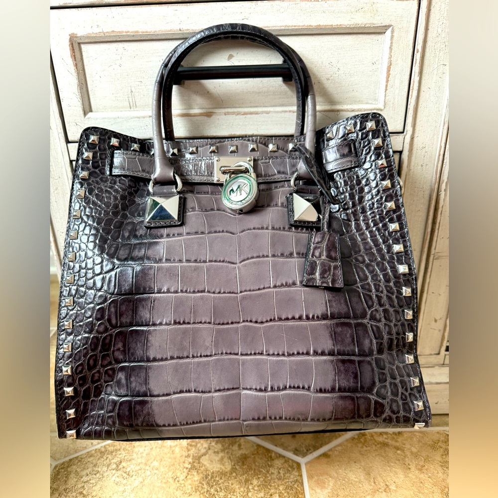 Michael Kors Grey Croc Embossed Hamilton Studded Tote